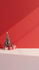 3d render christmas background tree and gift boxes on one side red and white large empty copyspace for text