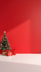3d render christmas background tree and gift boxes on one side red and white large empty copyspace for text
