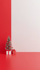 3d render christmas background tree and gift boxes on one side red and white large empty copyspace for text