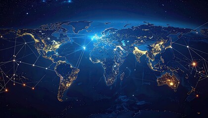 Global Network Connections Illuminated World Map at Night with Bright City Lights and Digital Connections Spanning Continents Against a Deep Blue Space Background with Subtle Lens Flare Effect.