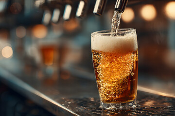 Refreshing Draft Cold Beer Pouring into a Glass from the Tap in a Lively Pub Setting.