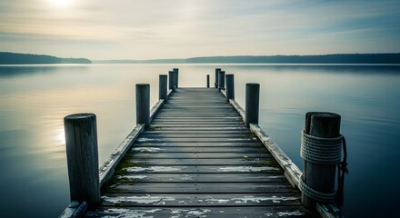 Wooden pier extending into calm water under a serene sky with distant hills