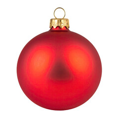 Round, red Christmas ornament with gold hanger, isolated