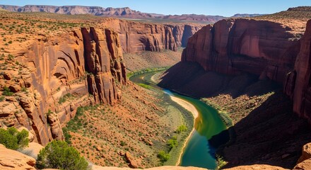 Horseshoe Bend Colorado River winding through vast desert canyon landscape under blue sky