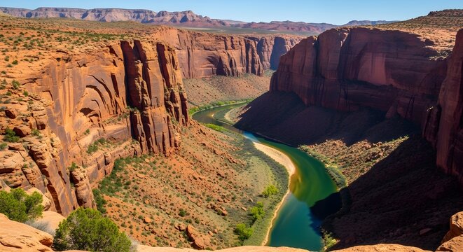 Horseshoe Bend Colorado River winding through vast desert canyon landscape under blue sky