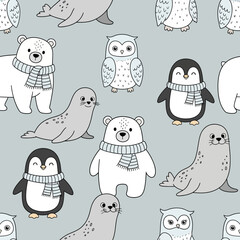 Seamless pattern with cute hand-drawn arctic animals: polar bear, penguin, seal, and snowy owl wearing scarves.