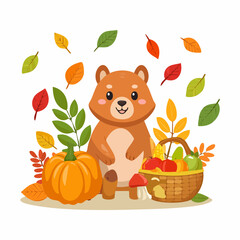 Cute cartoon animal enjoying the fall season with a bountiful harvest of a pumpkin, apples, and mushrooms surrounded by colorful autumn leaves