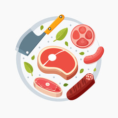 Assorted Cuts and Cooked Meats with a Cleaver and Herbs Arranged in a Circular Composition