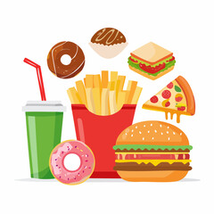 Delicious fast food collection including burger, fries, donuts, pizza, sandwich, and a drink