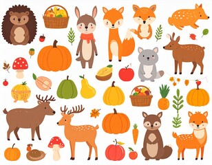 Charming autumn collection of woodland animals like foxes and deer with fall pumpkins, leaves, and mushrooms, isolated illustration set