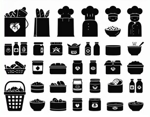A comprehensive collection of black silhouette icons depicting grocery store items, pantry staples, and various culinary elements