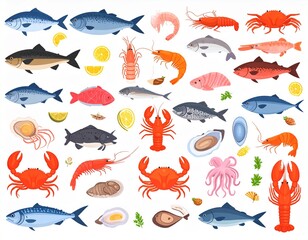Diverse collection of fresh and colorful seafood illustrations, showcasing various fish species, crustaceans like lobster and crab, and mollusks in a modern flat design style for culinary concepts