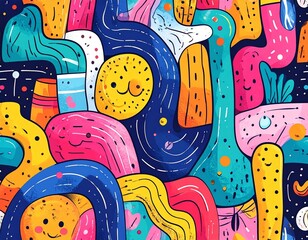 Abstract Vibrant Doodle Art with Whimsical Characters and Organic Shapes