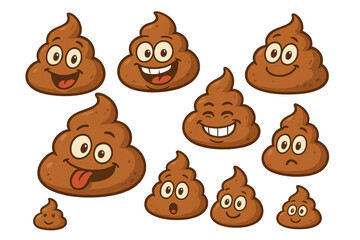 Obraz premium Cartoon poop emojis set showing various expressions including happy, laughing, smiling, sad, and surprised on transparent background