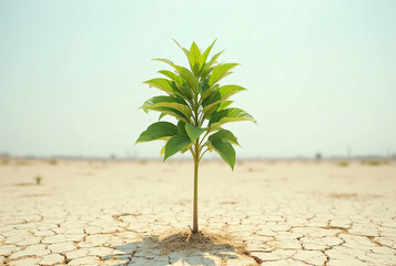 Young Green Plant Growing on Dry Cracked Soil