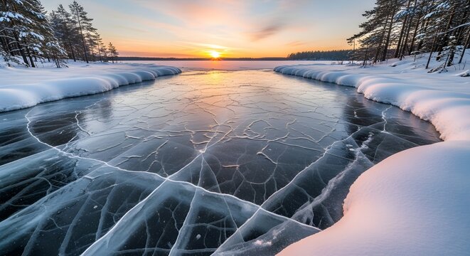 Cracked ice surface of a frozen lake with snow covered trees and colorful sunset sky