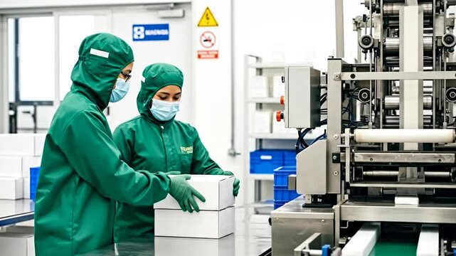 Production Line Precision: Two individuals meticulously working in a modern industrial production facility, ensuring quality and efficiency. A testament to meticulous process.