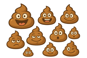 Obraz premium Poop emoji characters with different facial expressions in a set showing a range of emotions, transparent background