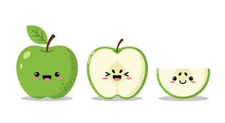 A cheerful illustration depicts three adorable green cartoon apples, showcasing a whole fruit, a half, and a slice, each with a charming happy face.