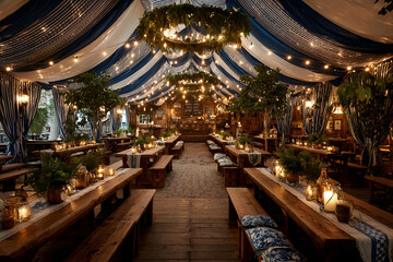 Obraz premium Large beer hall tent with blue and white stripes, decorated with festive lights and wooden benches