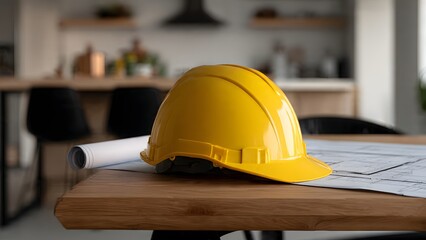 A bright yellow hardhat rests on a large blueprint and rolled plans atop a wooden table. The modern home interior background suggests an architect or engineer planning a home renovation.