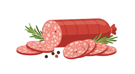 A delicious salami sausage, partially sliced and garnished with fresh rosemary and black and red peppercorns, ready for a meal.