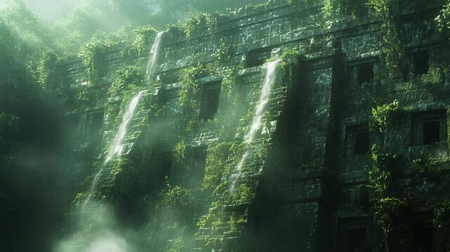 Ancient temple overgrown with lush greenery and waterfalls