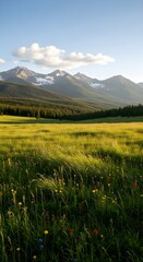 Fototapeta premium Vast grassy meadow dotted with colorful wildflowers with a dense pine forest and snow capped mountains in the background