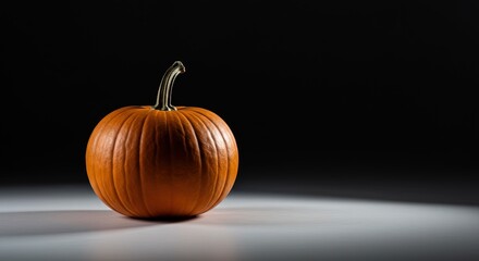Vibrant Orange Pumpkin with Green Stem on a Smooth, Lit Surface Against a Deep Dark Background