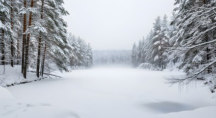 Snow covered pine trees line a frozen lake with a misty forest in the distance