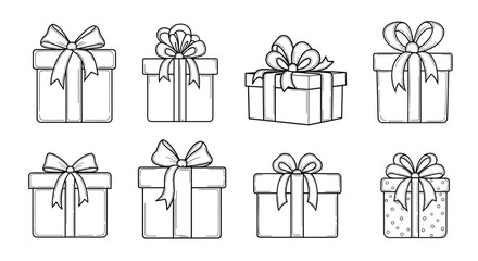 Set of outline gift boxes adorned with decorative ribbons and bows, perfect for holidays, birthdays, and festive events.