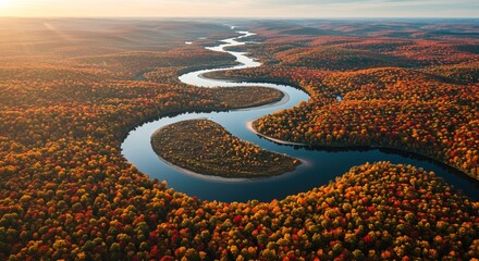 A breathtaking aerial view of a winding river meandering through a dense autumn forest, ablaze with vibrant red, orange, and golden foliage under the soft glow of a setting sun
