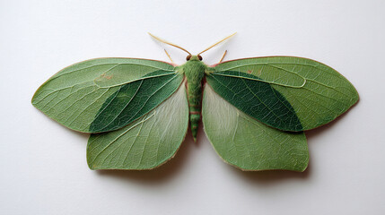 Green moth displays intricate wing patterns in natural light on a light background