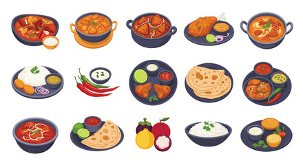 A vibrant collection of traditional Indian cuisine, featuring an assortment of delicious curries, breads, rice, snacks, and fresh fruits.