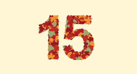 Fototapeta premium The number fifteen is intricately formed by a collage of vibrant red, orange, and green autumn leaves, set against a soft, light background.