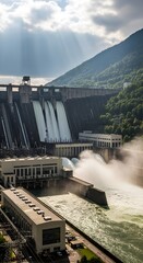 Massive concrete dam with water cascading through spillways generating a powerful force on a sunny day