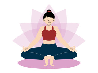 Woman meditating in a cross-legged yoga pose. Meditation vector illustration. Flat illustration concept.