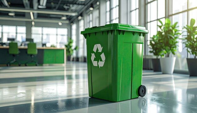 Green Recycling Bin With Recycle Symbol In Modern Office Environment With Natural Light And Plants