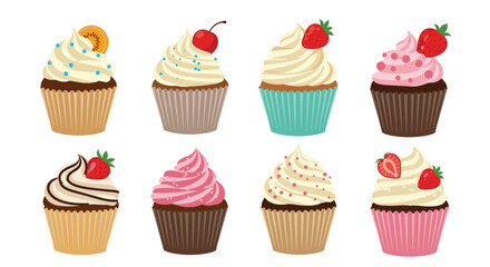 A vibrant assortment of eight delicious cupcakes adorned with colorful frostings, sprinkles, and fresh fruit toppings, isolated on white.