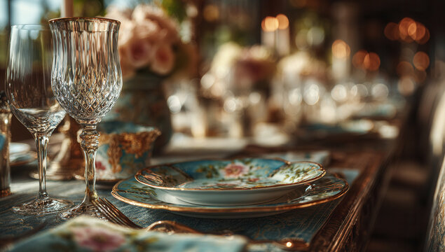Elegant dinner setting with fine china and crystal glassware in a softly lit dining room filled with floral arrangements