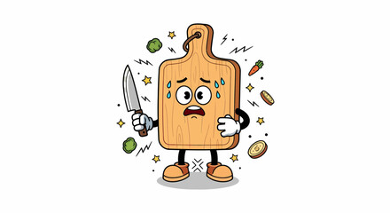 Cartoon cutting board character holding knife looking scared and worried.