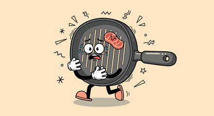Cartoon Grill Pan Character Running with Steak Expressing Fear.