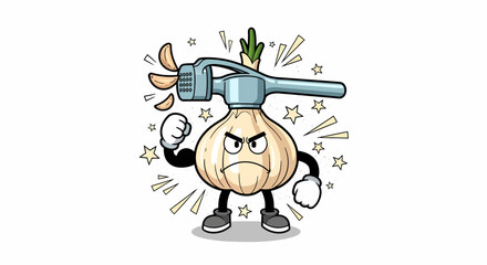Cartoon Garlic Character with Angry Expression and Garlic Press.