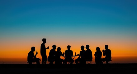 Silhouette Gathering Friends Enjoying Twilight Together