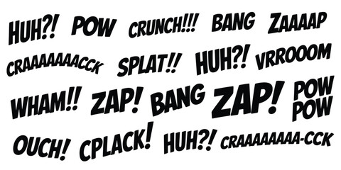 Comic book style sound effect words like lettering POW, BANG, ZAP, and CRUNCH, Collection of comic book sound effects and onomatopoeia words for action scenes, Vector illustration © magic390