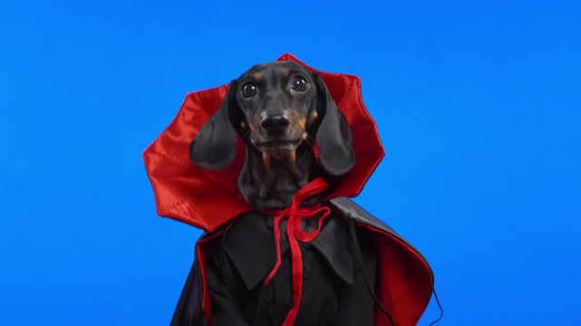 Cute black dachshund dog in a Dracula vampire costume coak on a blue background barks cheerfully, getting ready for a party.