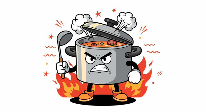 Angry cooking pot character holding ladle over fire with steam.