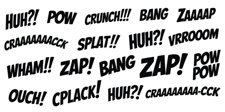 Comic book style sound effect words like lettering POW, BANG, ZAP, and CRUNCH, Collection of comic book sound effects and onomatopoeia words for action scenes, Vector illustration