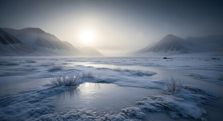 Vast icy landscape with snow covered mountains under a hazy sun water pools visible