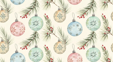 Watercolor seamless pattern featuring pastel Christmas ornaments, evergreen pine branches, and festive red berries on a cream background.